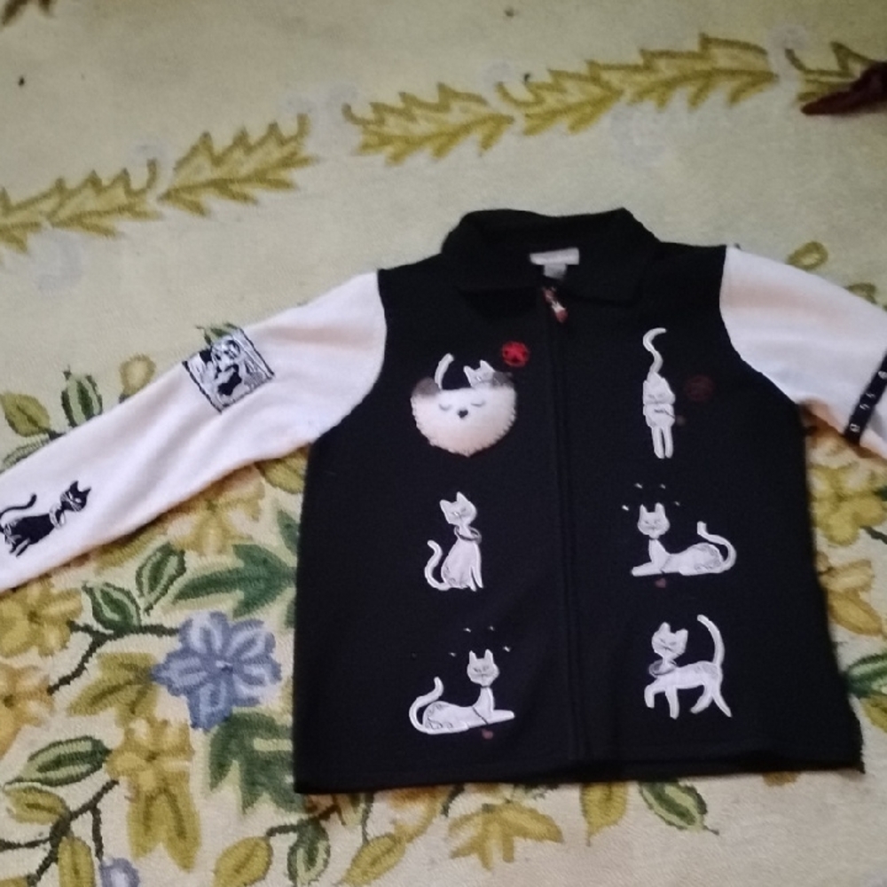 Unisex Black Zip Up Custom Cat Sweater Googly Eyes Sonic Youth Patch Upcycled